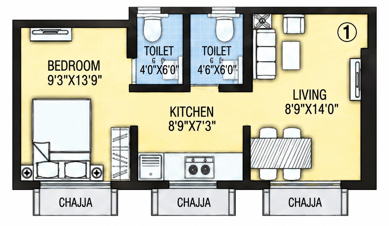 1BHK floor plan