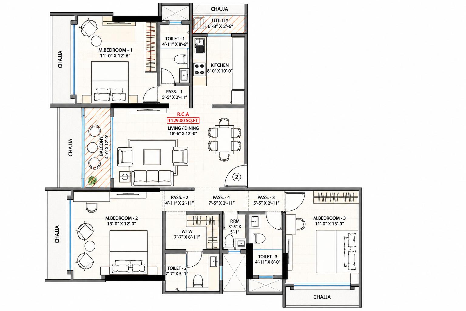 3BHK floor plan