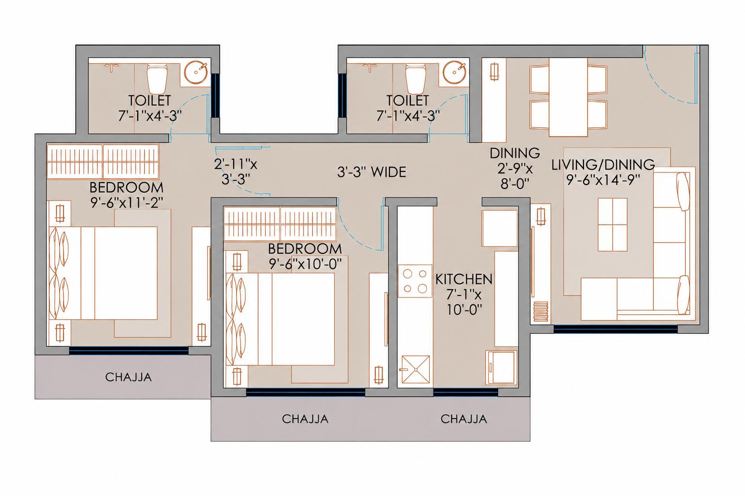 2BHK Type2 floor plan