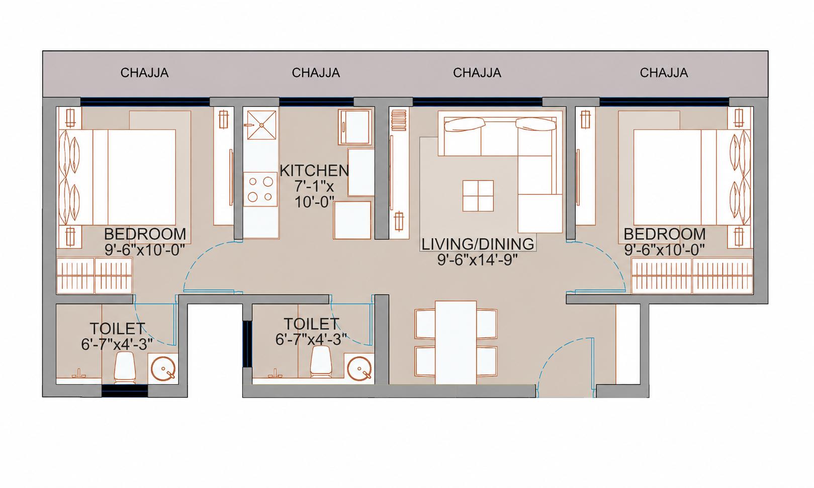 2BHK Type1 floor plan