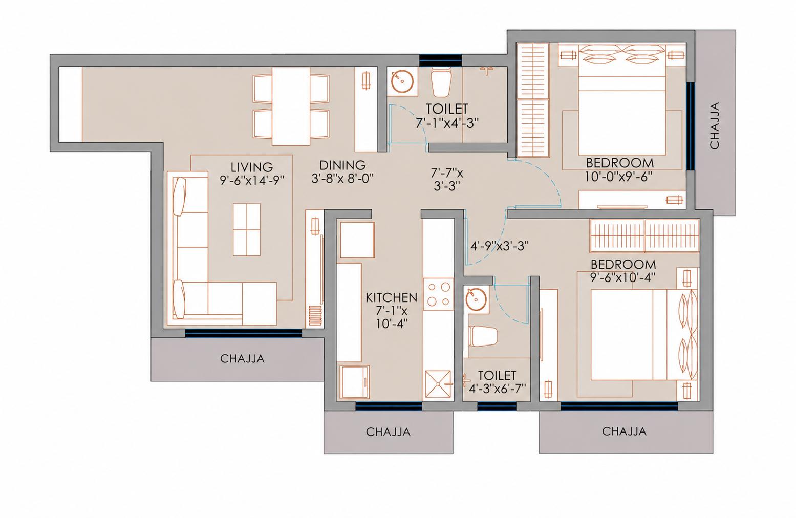 2BHK Type3 floor plan