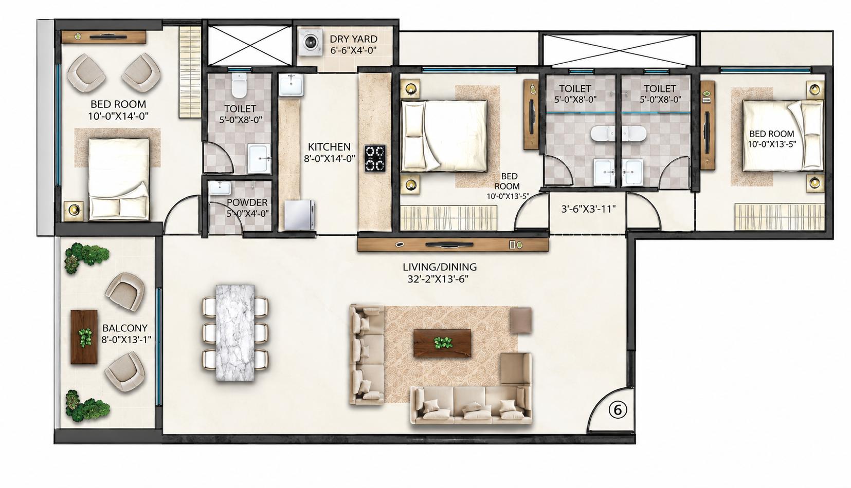 3BHK floor plan