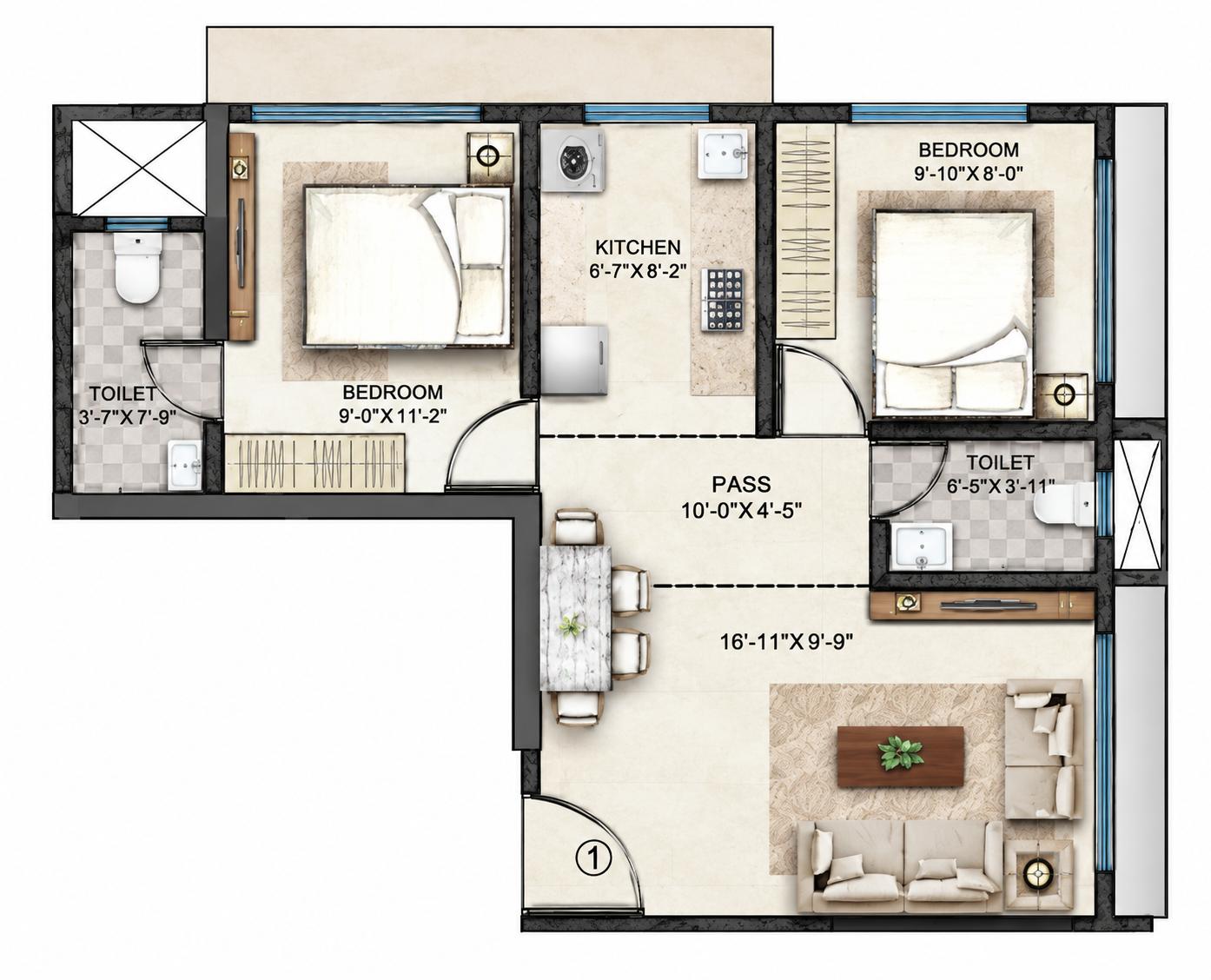 2BHK floor plan