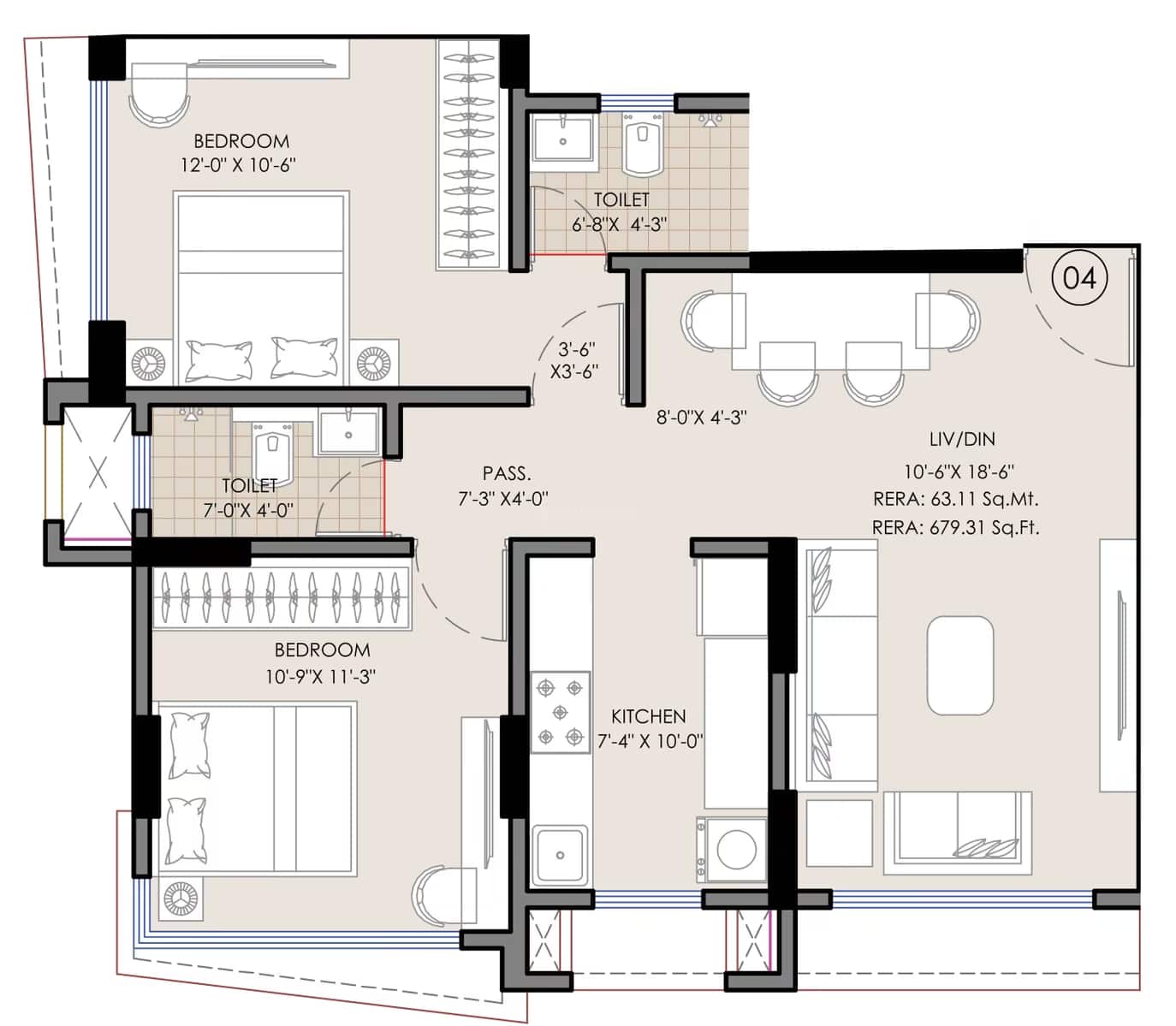 2 BHK floor plan