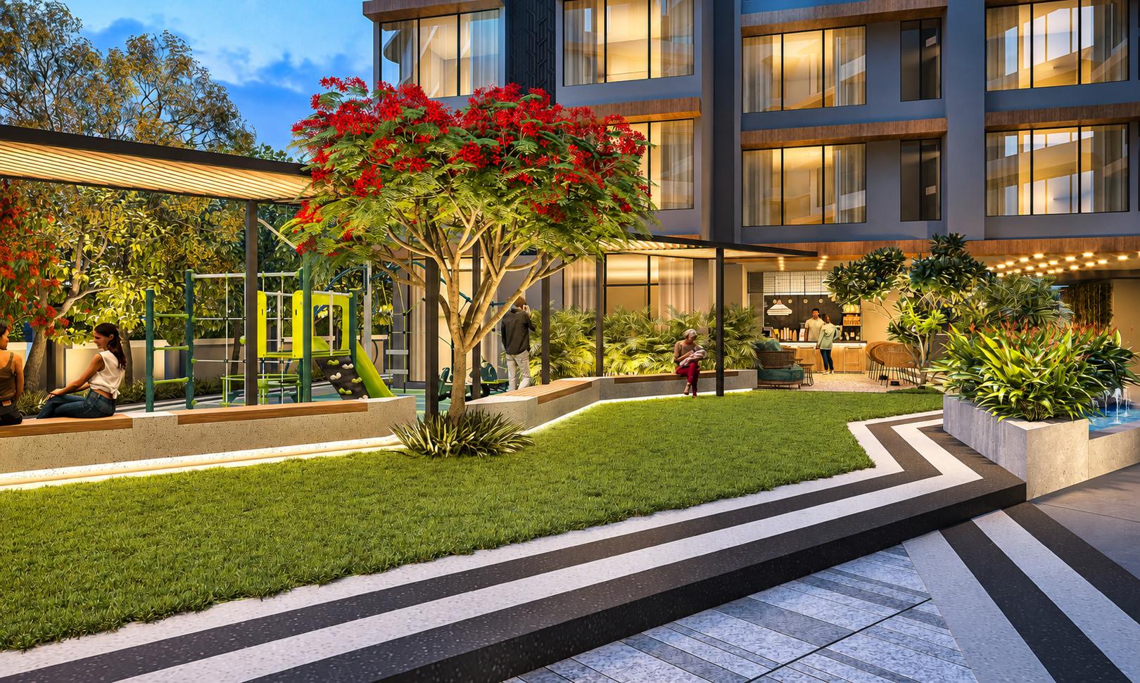 Landscaped gardens at Mangal Signature, Vile Parle East