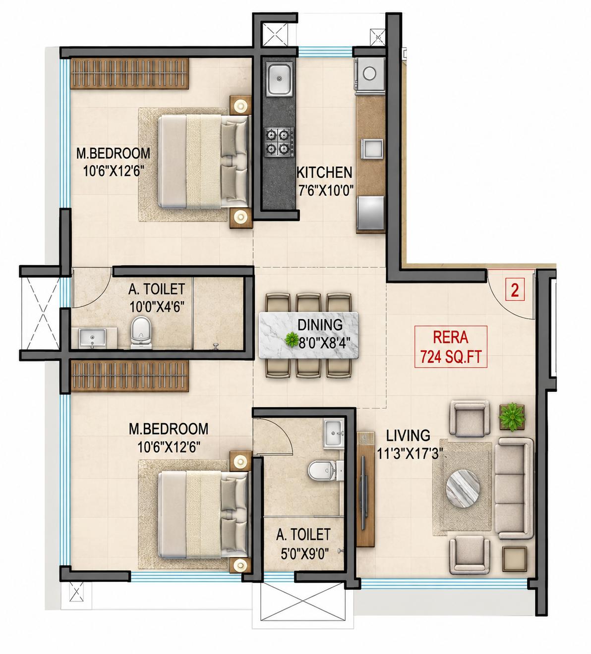 2BHK floor plan
