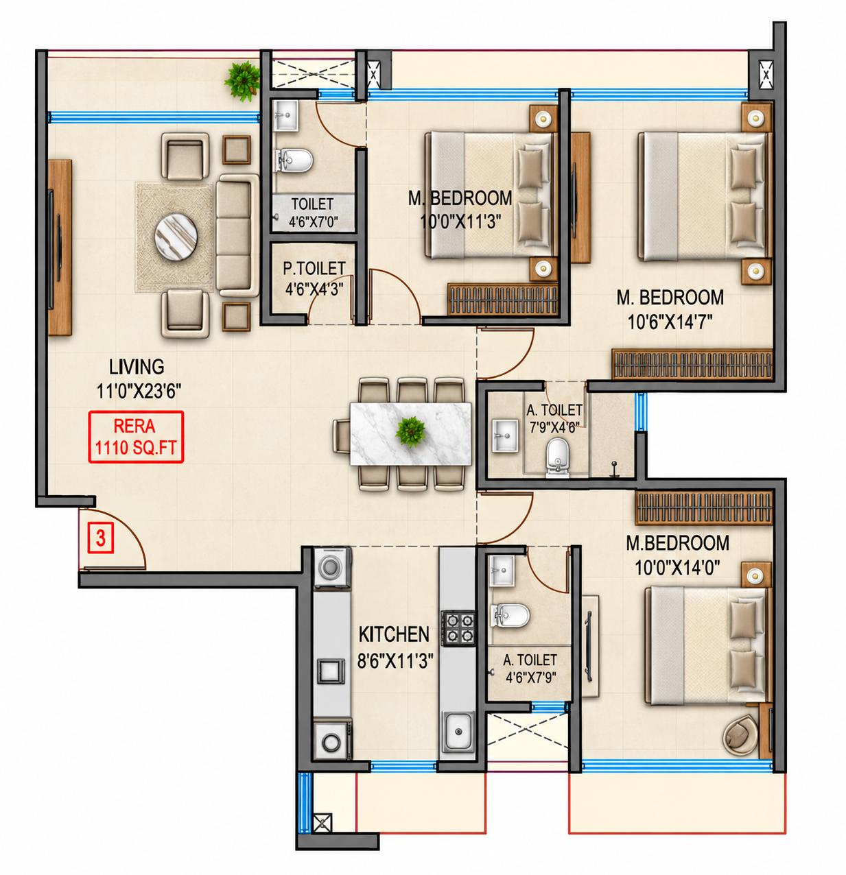 3BHK floor plan