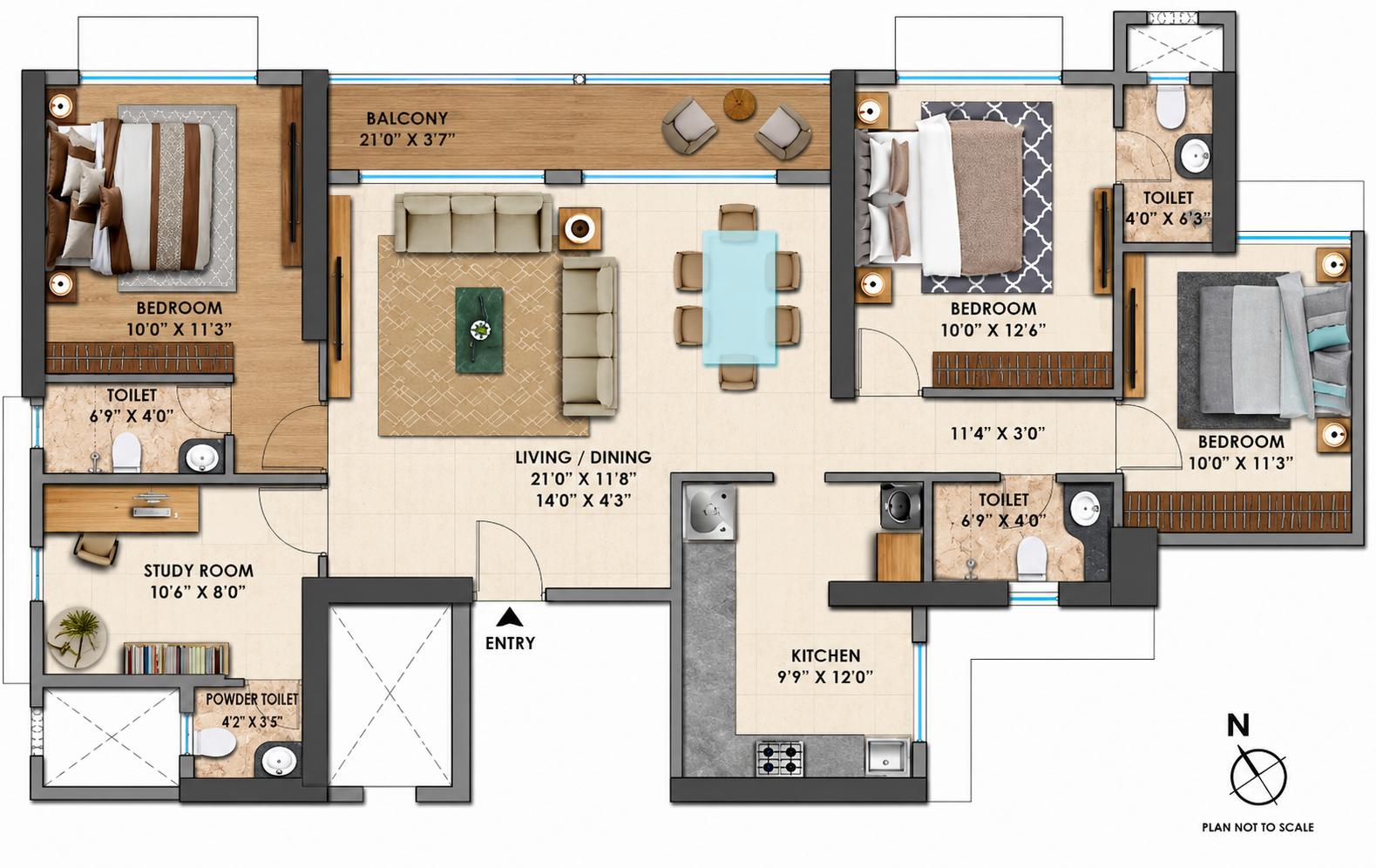 3BHK (1+2) Jodi floor plan