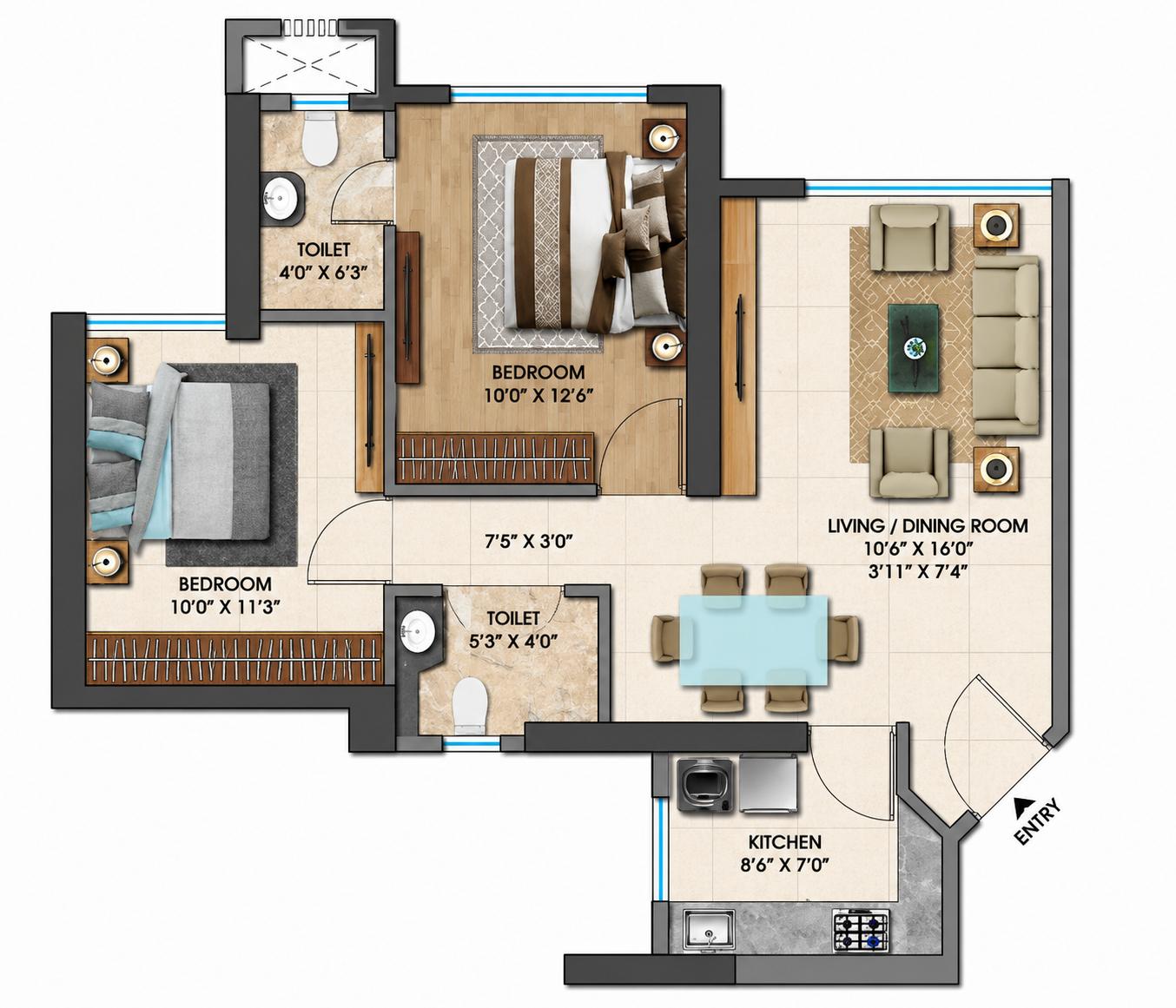 2BHK floor plan