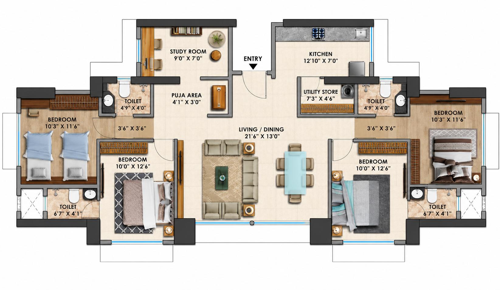 4BHK (2+2) Jodi floor plan