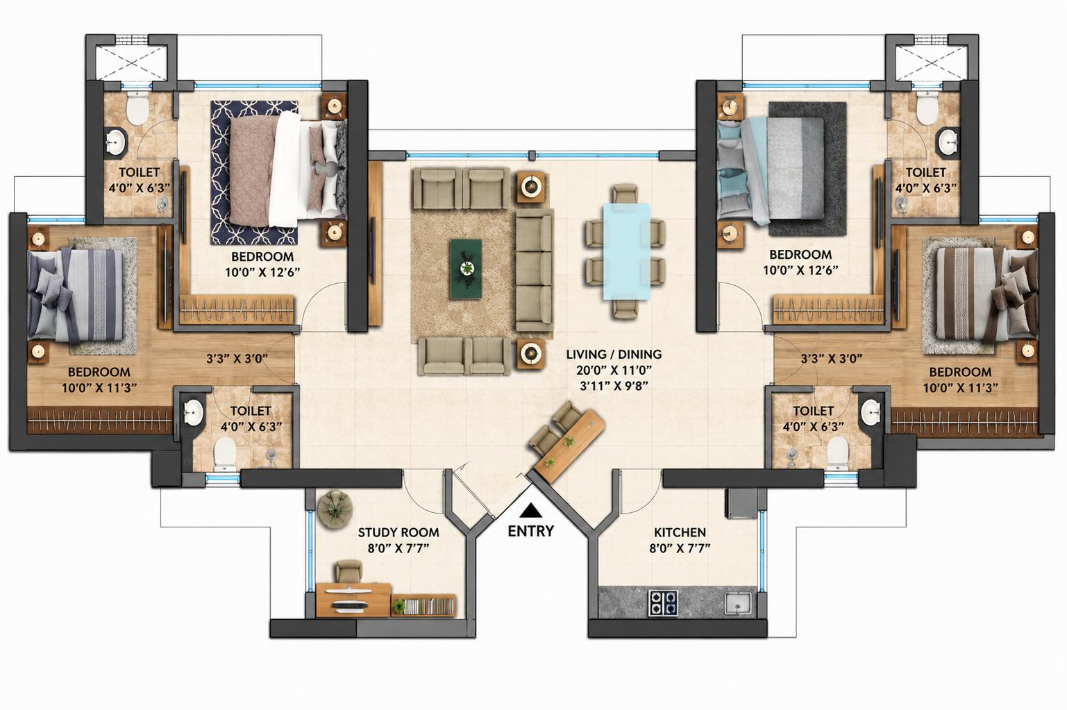4BHK (2+2) Jodi floor plan