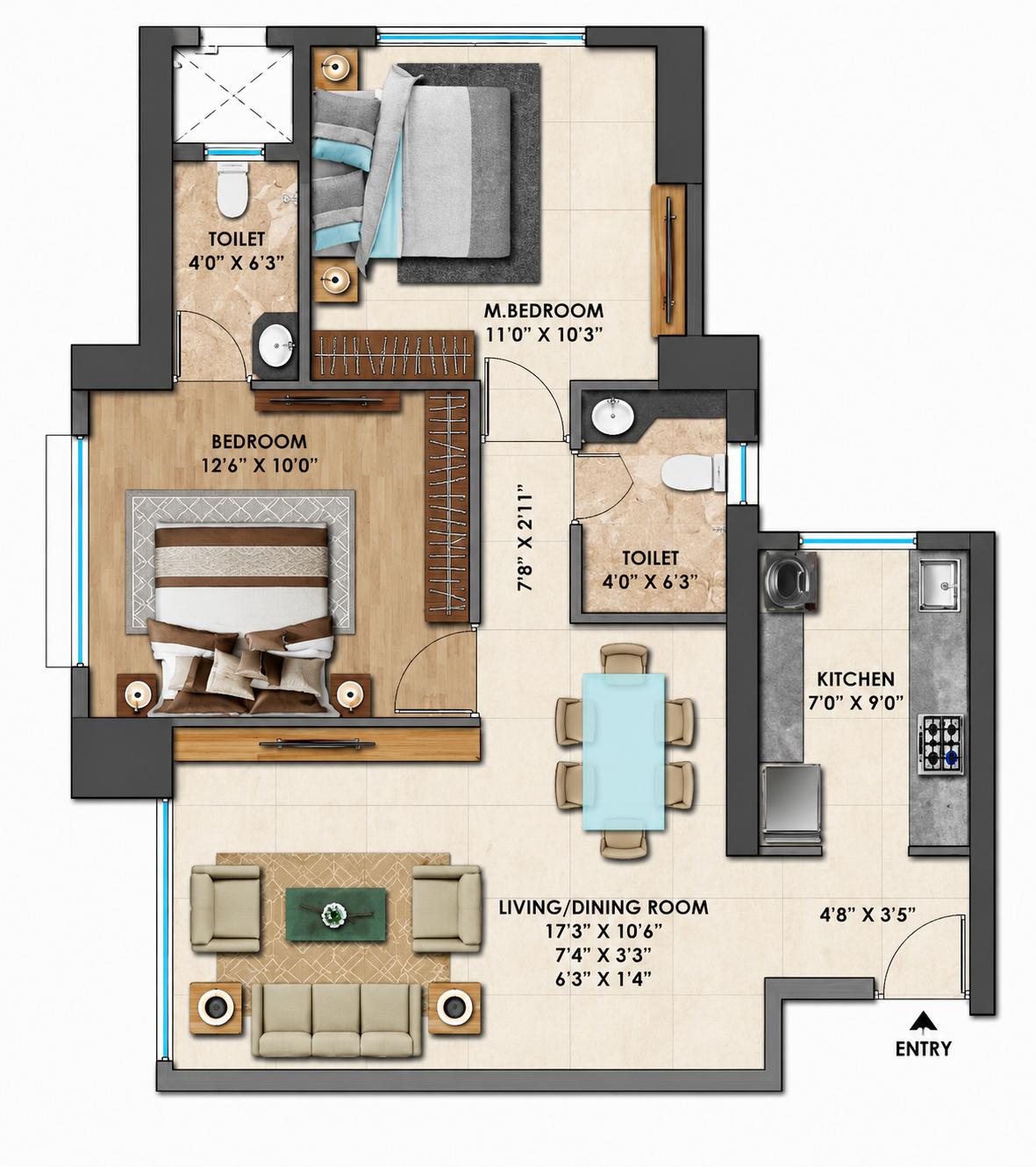 2BHK Grand floor plan