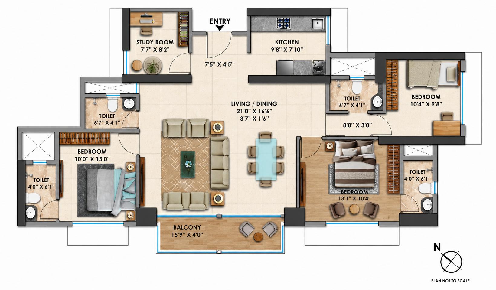 3BHK (1+2) Jodi Premium floor plan
