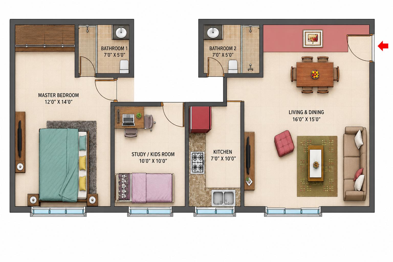 2BHK floor plan