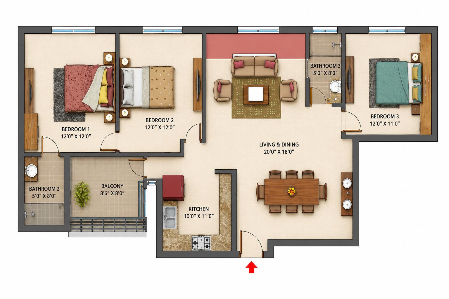 3BHK floor plan