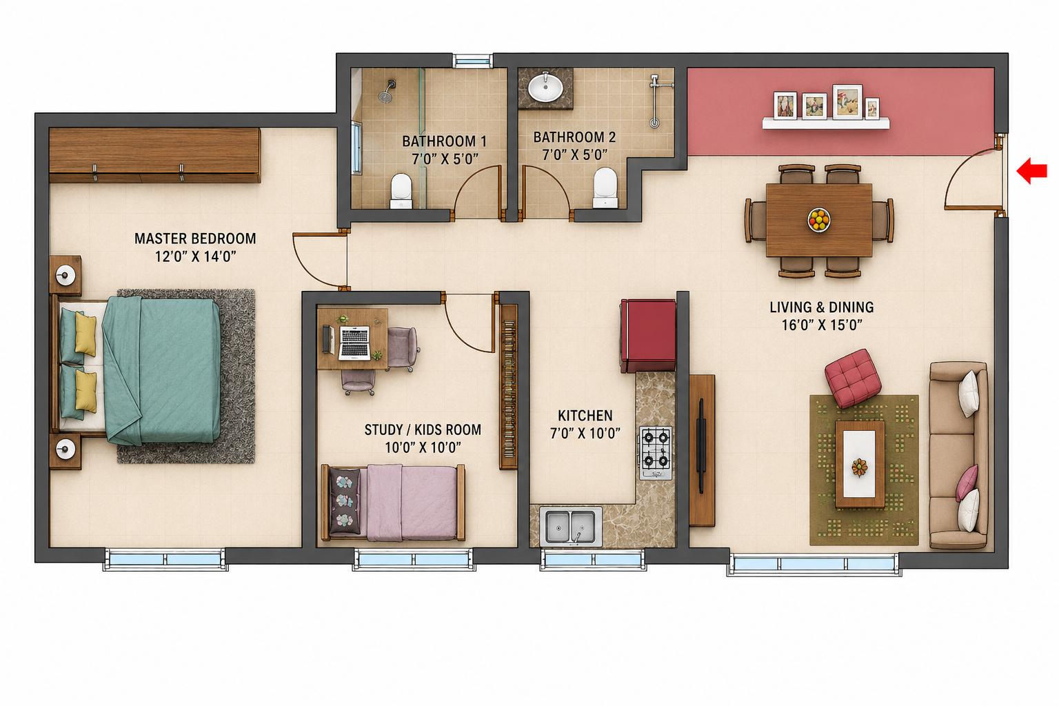 2BHK Grand floor plan
