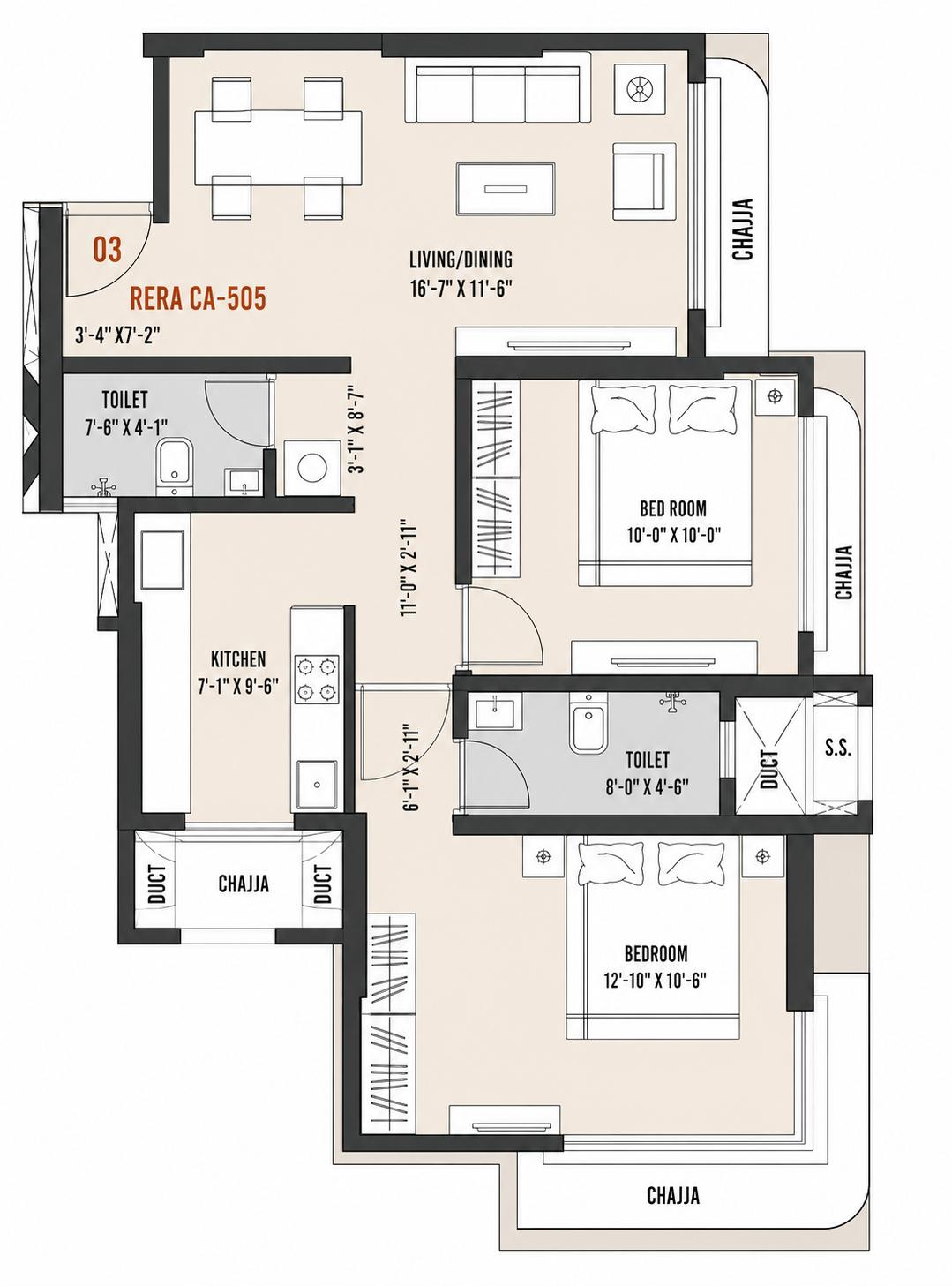 2BHK floor plan