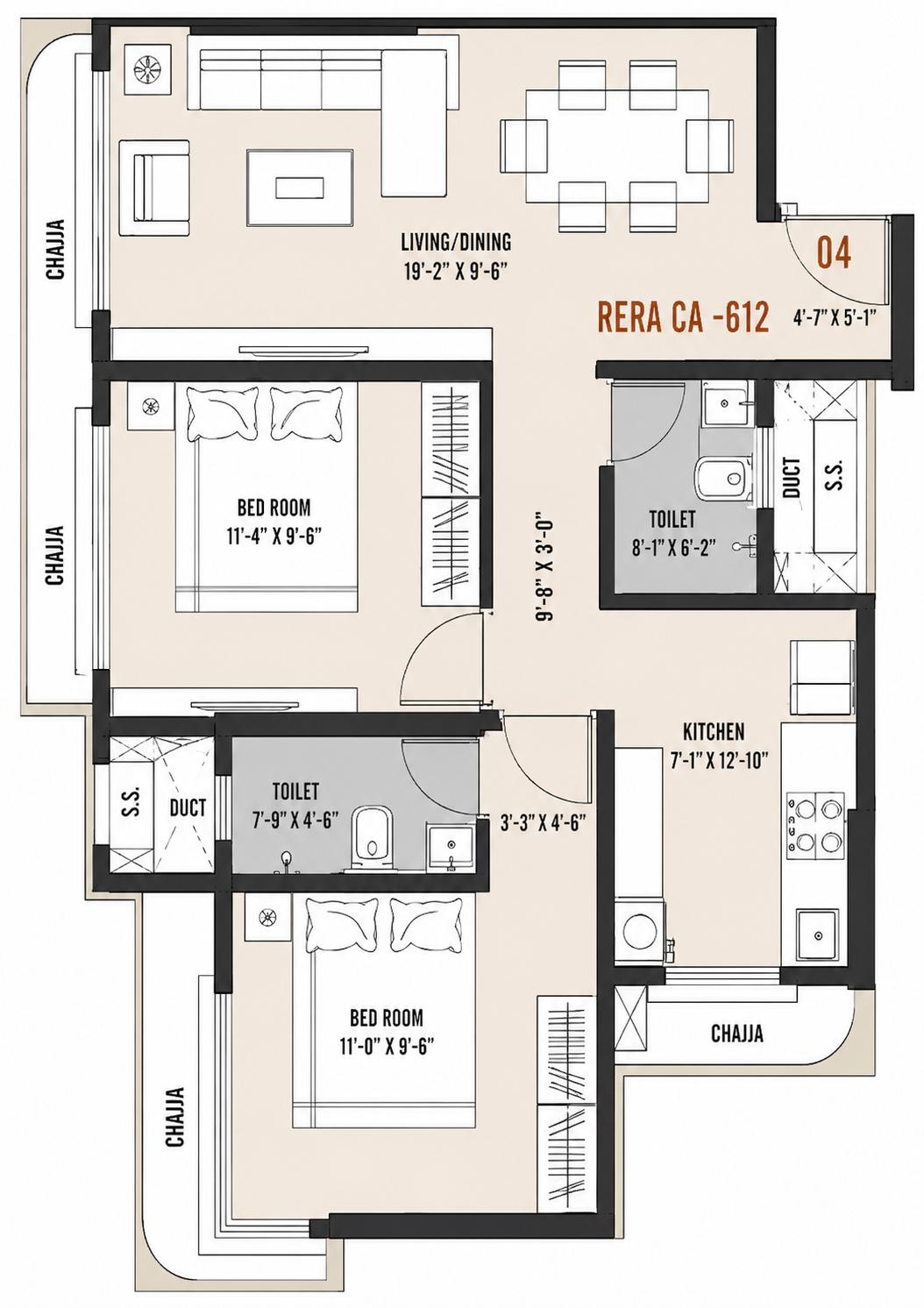 2BHK floor plan