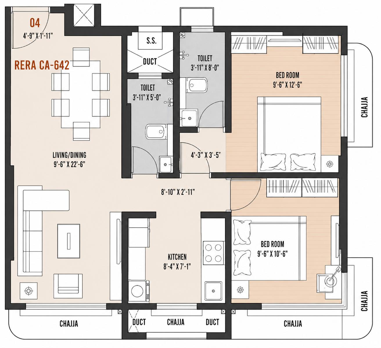 2BHK floor plan