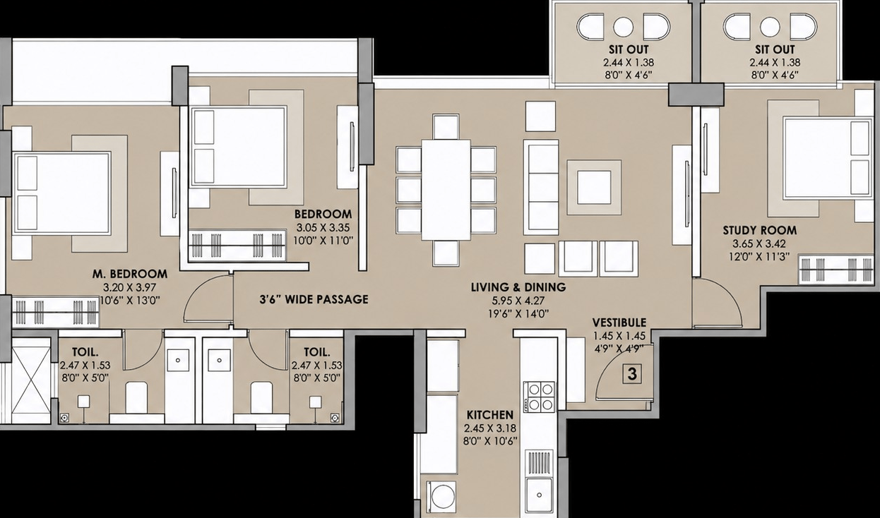 3BHK floor plan