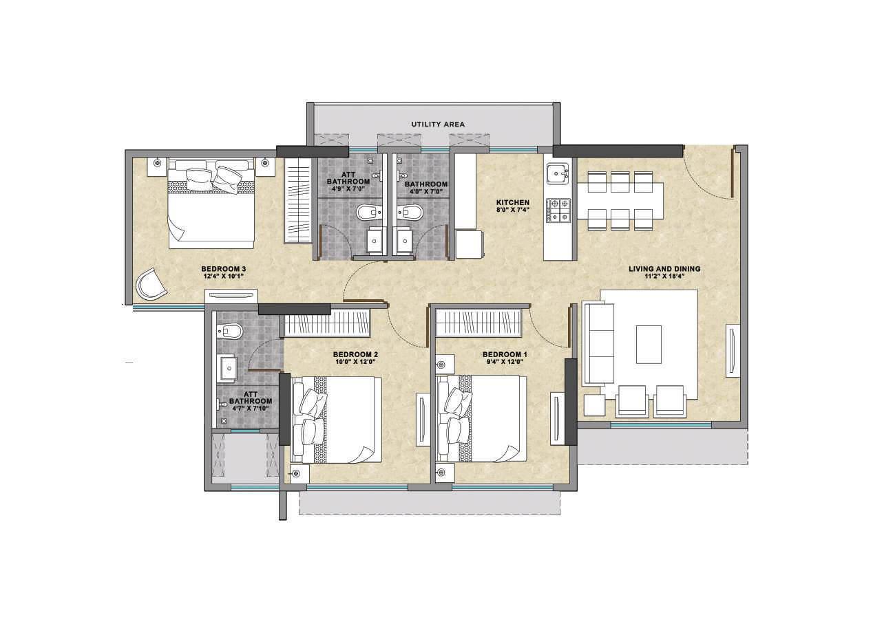 3BHK floor plan