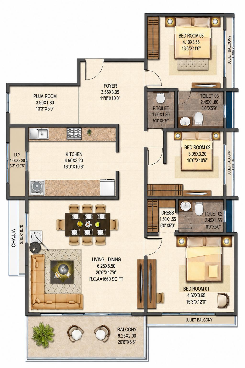 3BHK floor plan