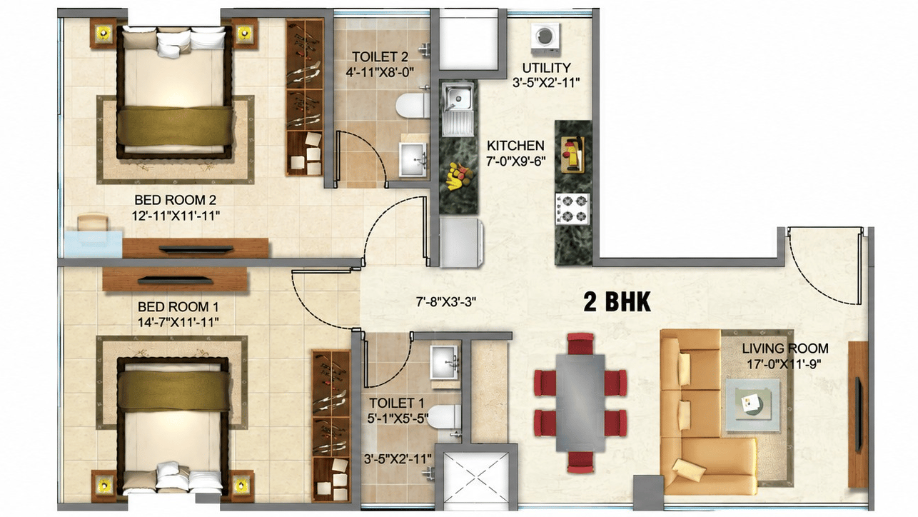 2BHK floor plan