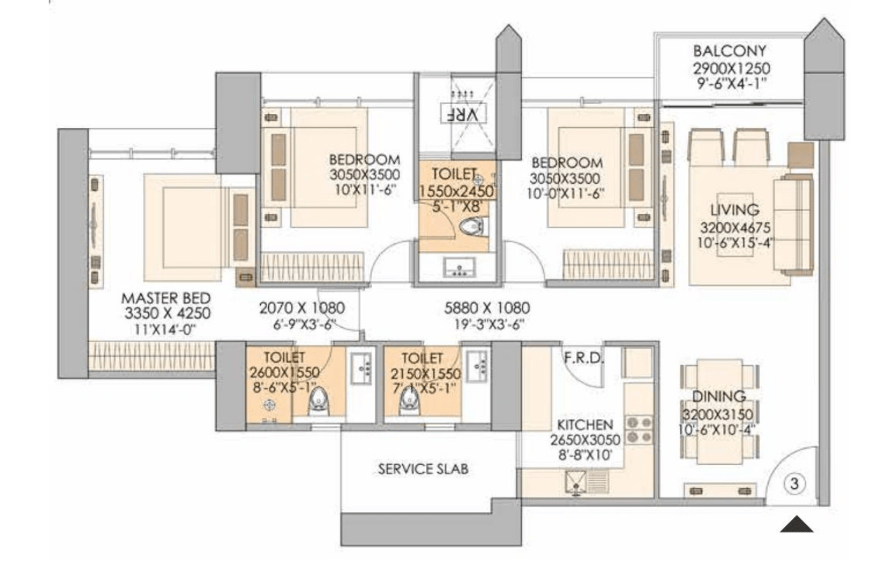 3 BHK floor plan