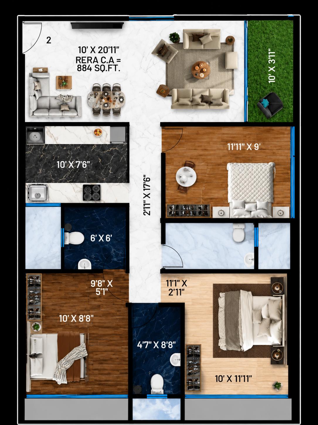 3BHK floor plan
