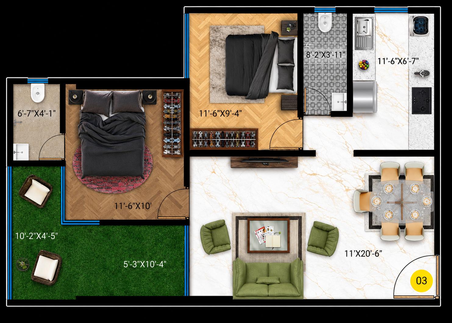 2BHK floor plan