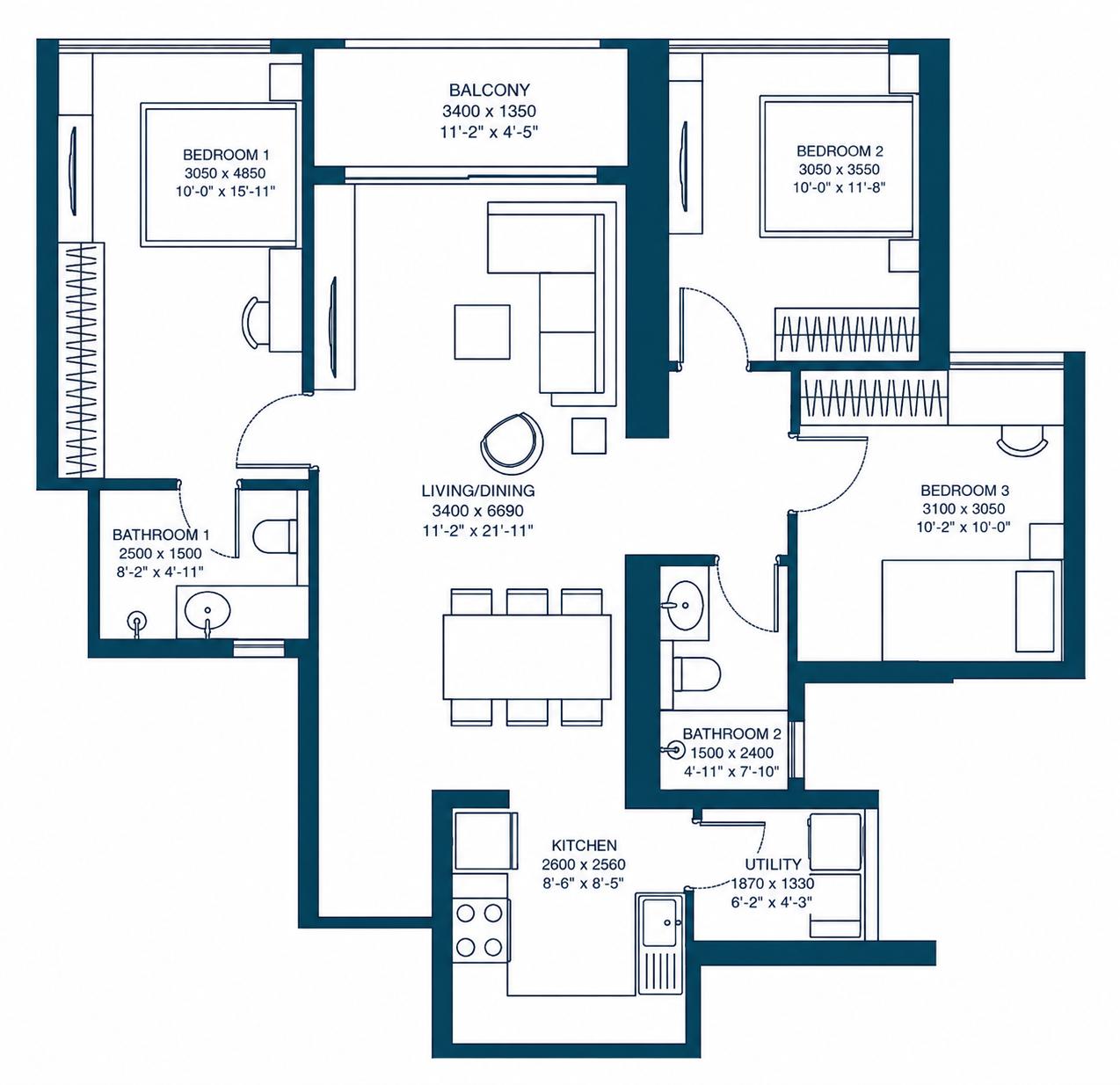 3BHK floor plan