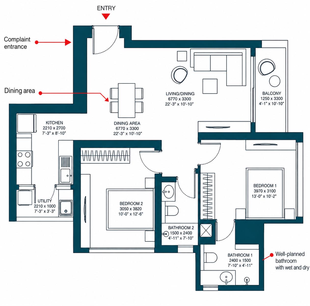 2BHK floor plan