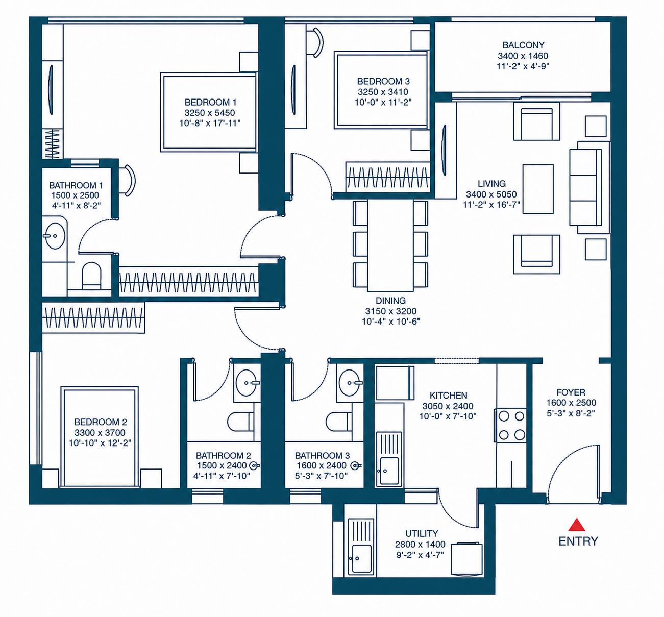 3BHK Grand floor plan