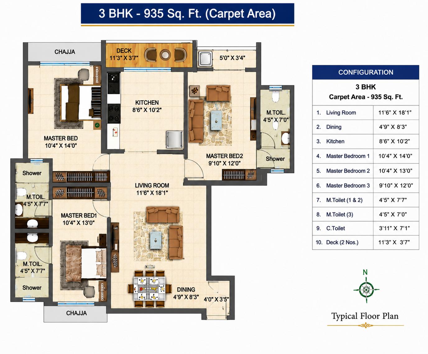3BHK floor plan