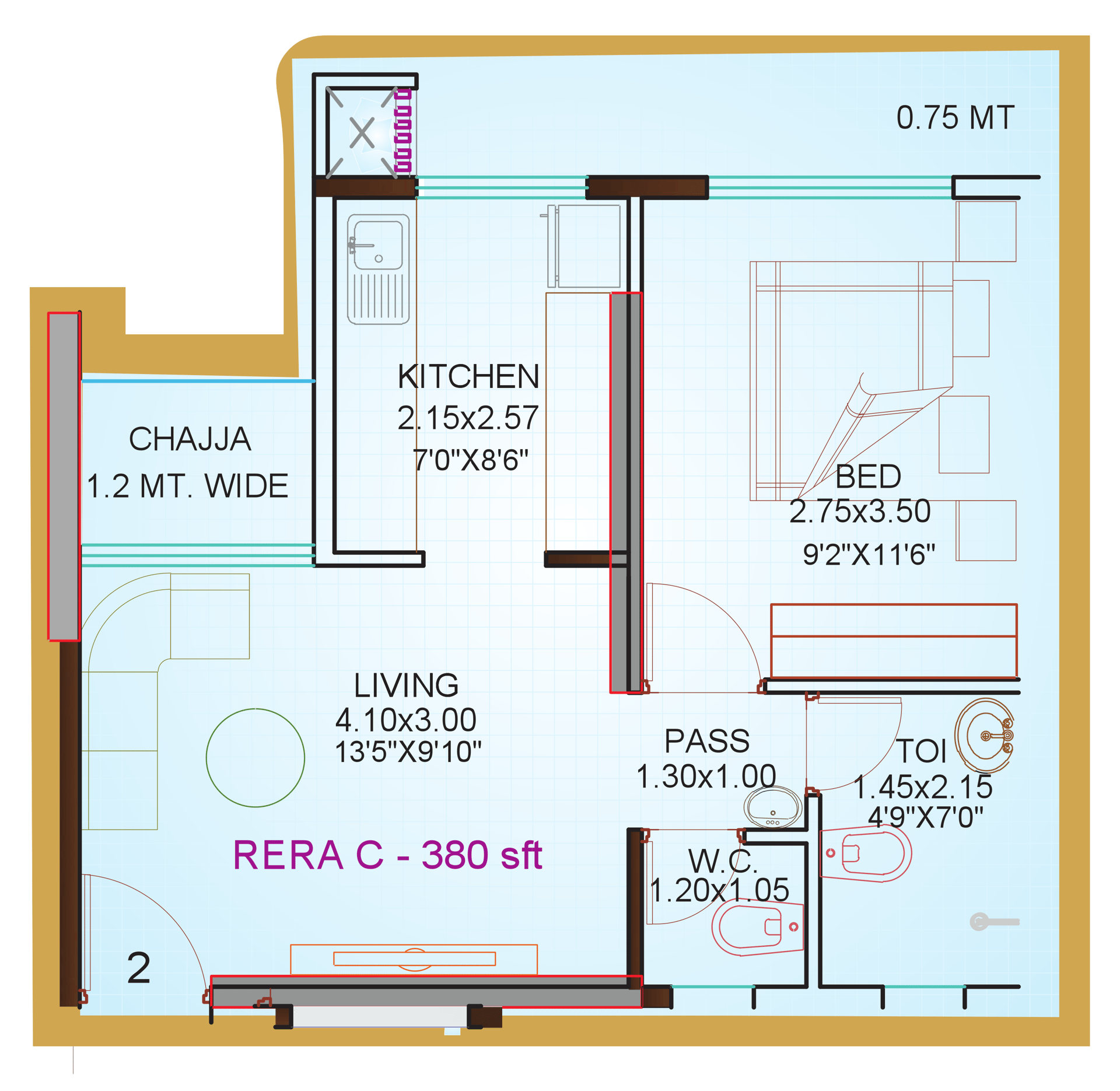 1 BHK Type2 floor plan