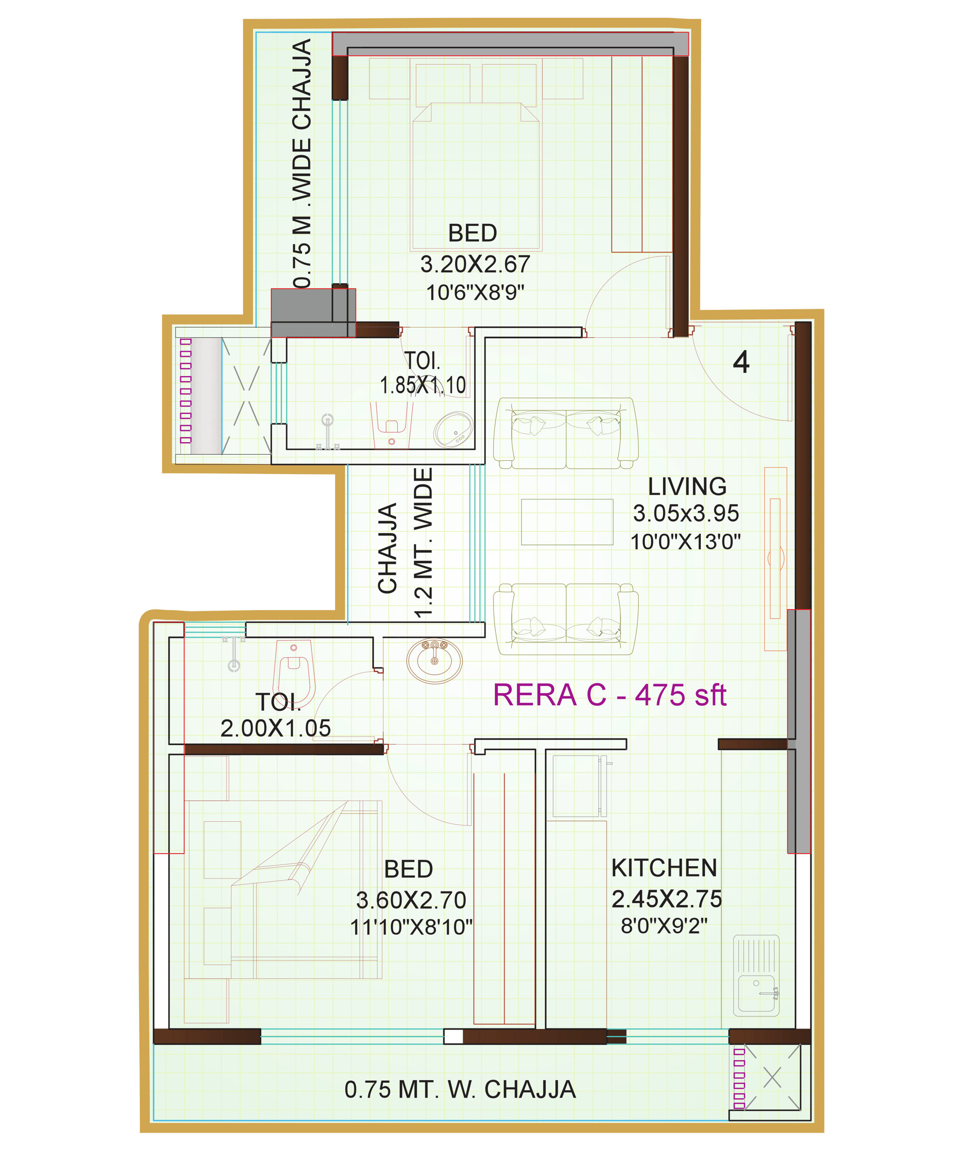 2 BHK floor plan