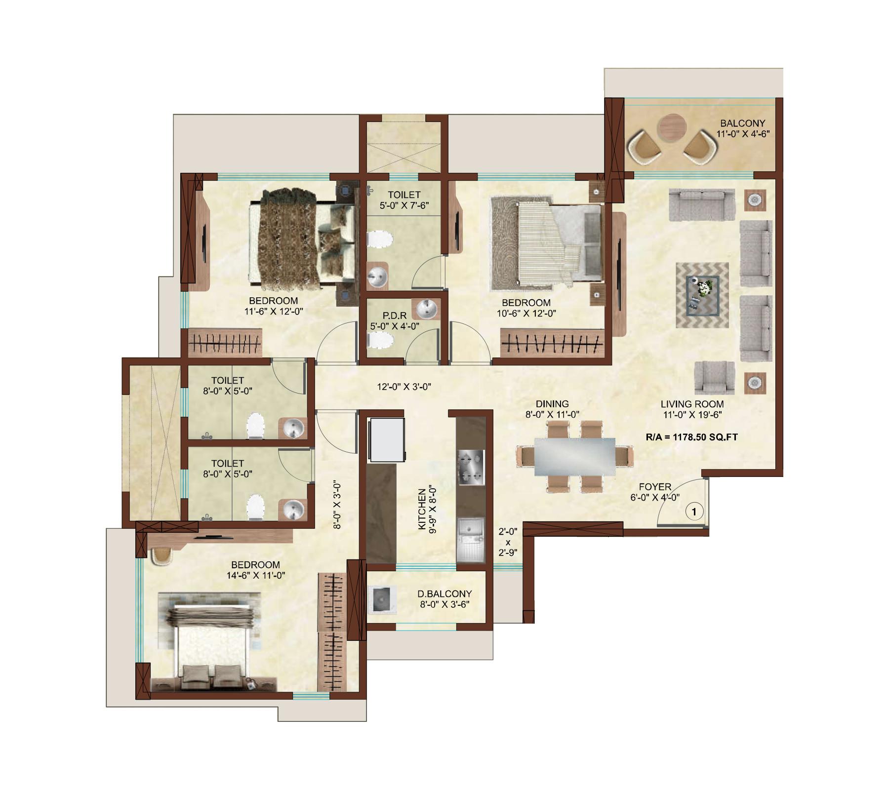 3 BHK floor plan