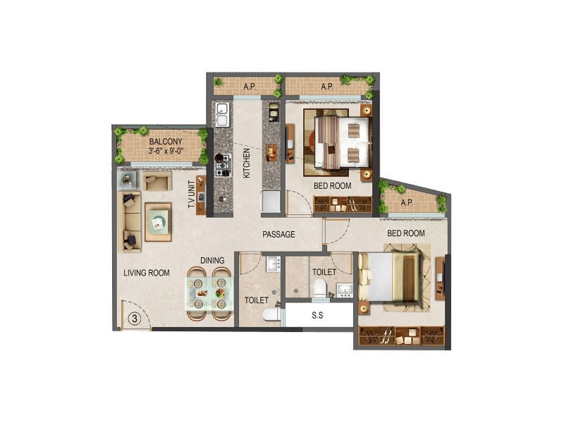 2 BHK floor plan