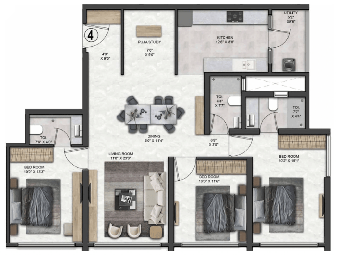 3 BHK floor plan