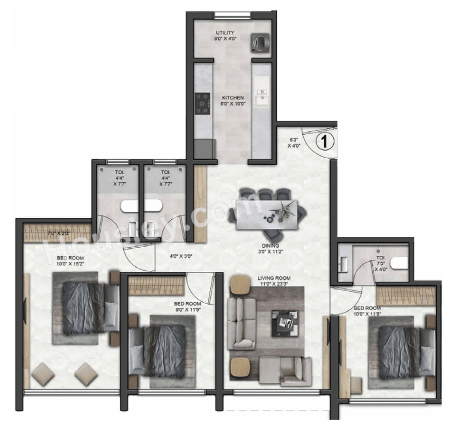 3 BHK floor plan
