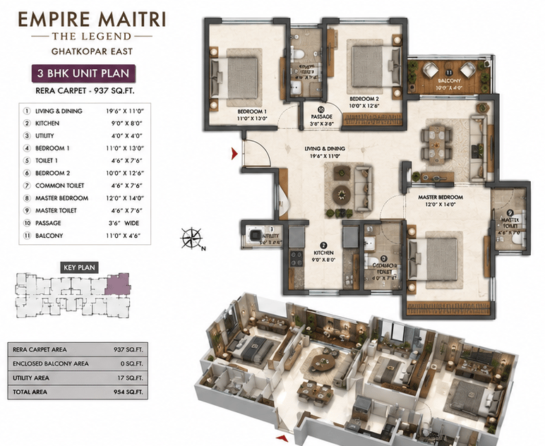 3BHK floor plan