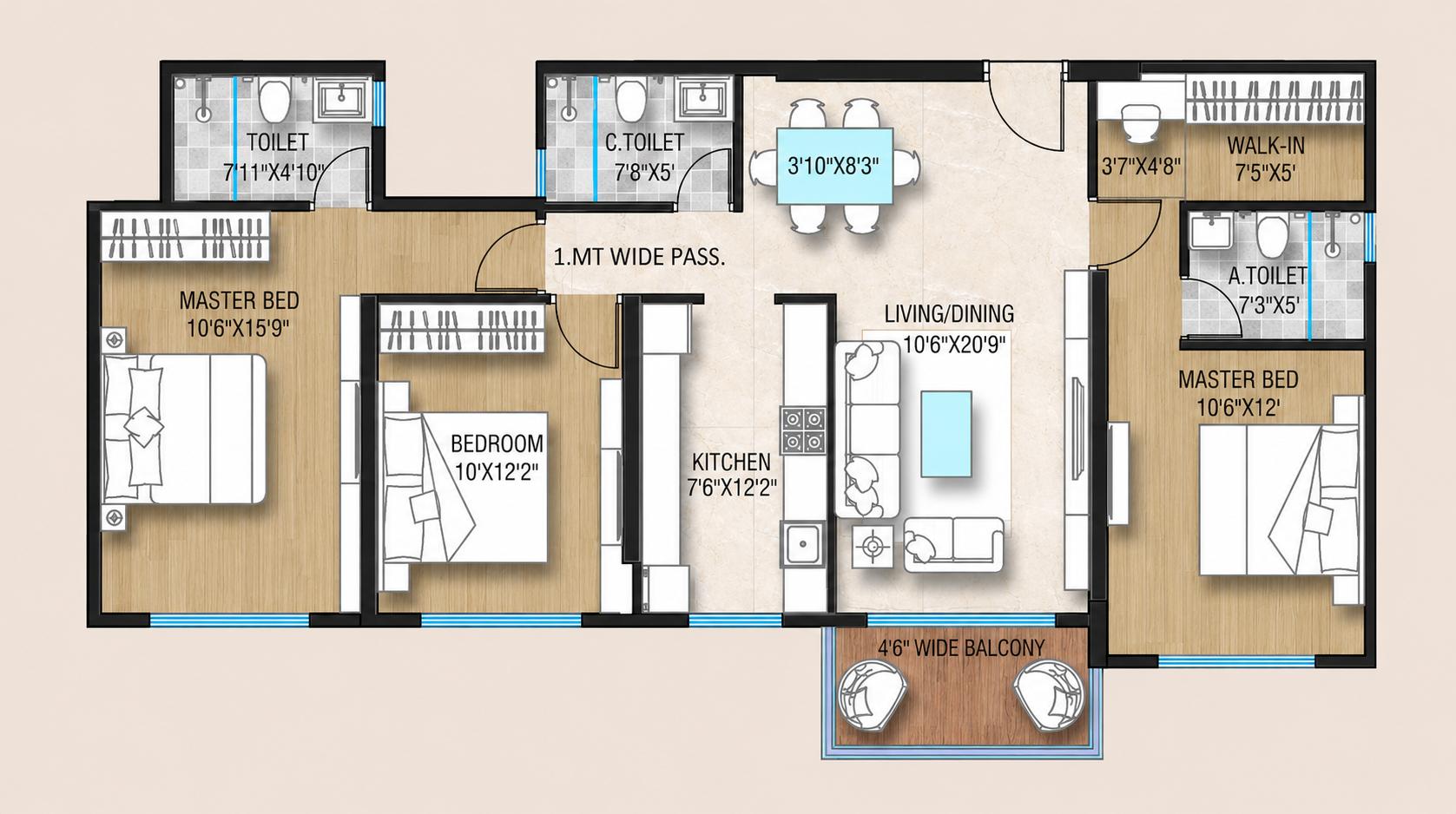 3 BHK Type1 floor plan