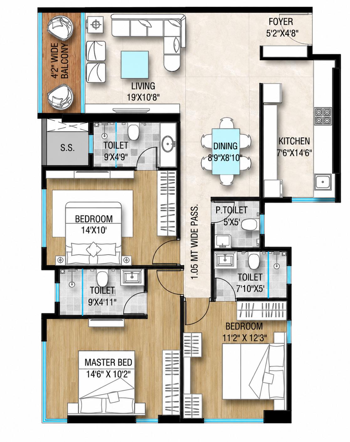 3 BHK Type 2 floor plan
