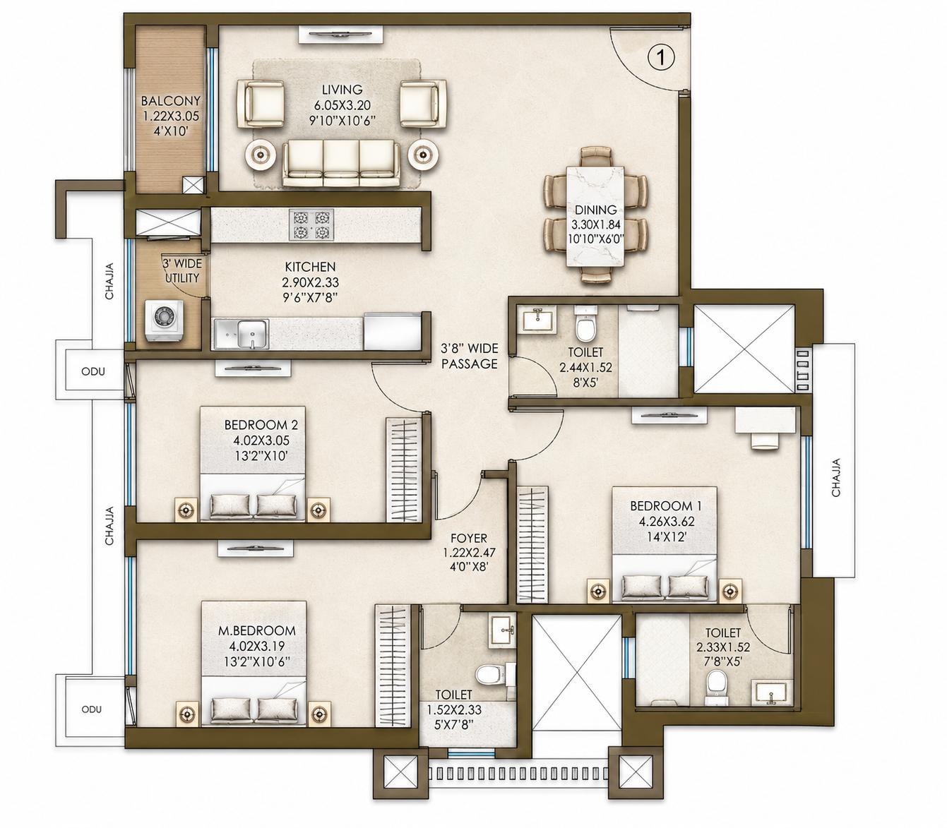 3BHK floor plan
