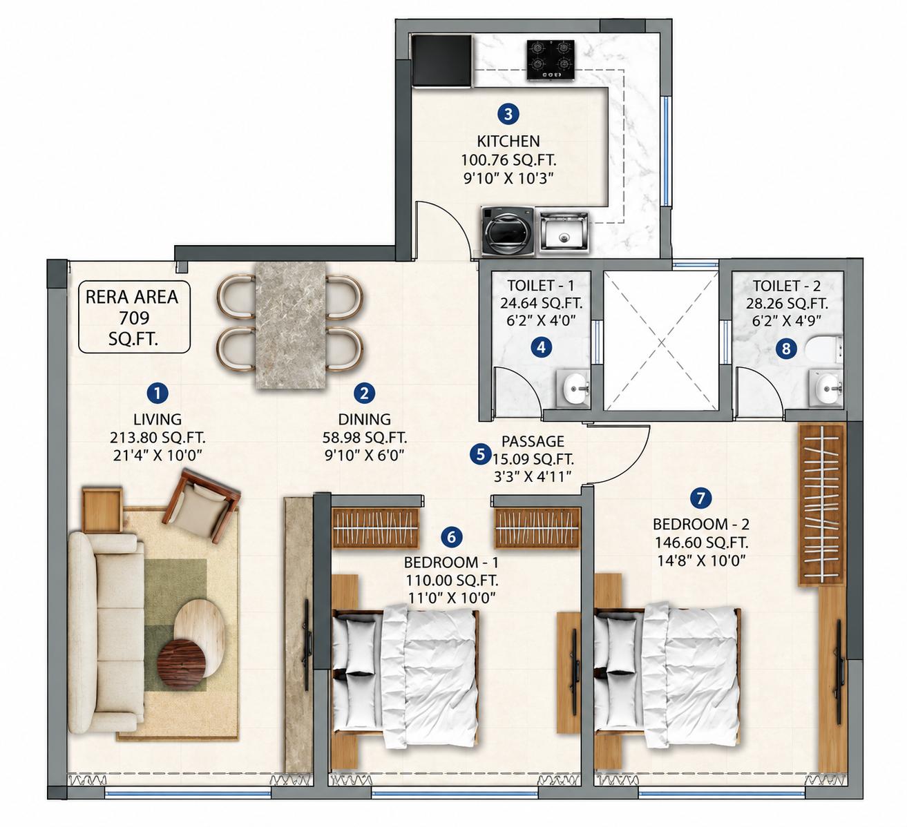 2 BHK Type1 floor plan