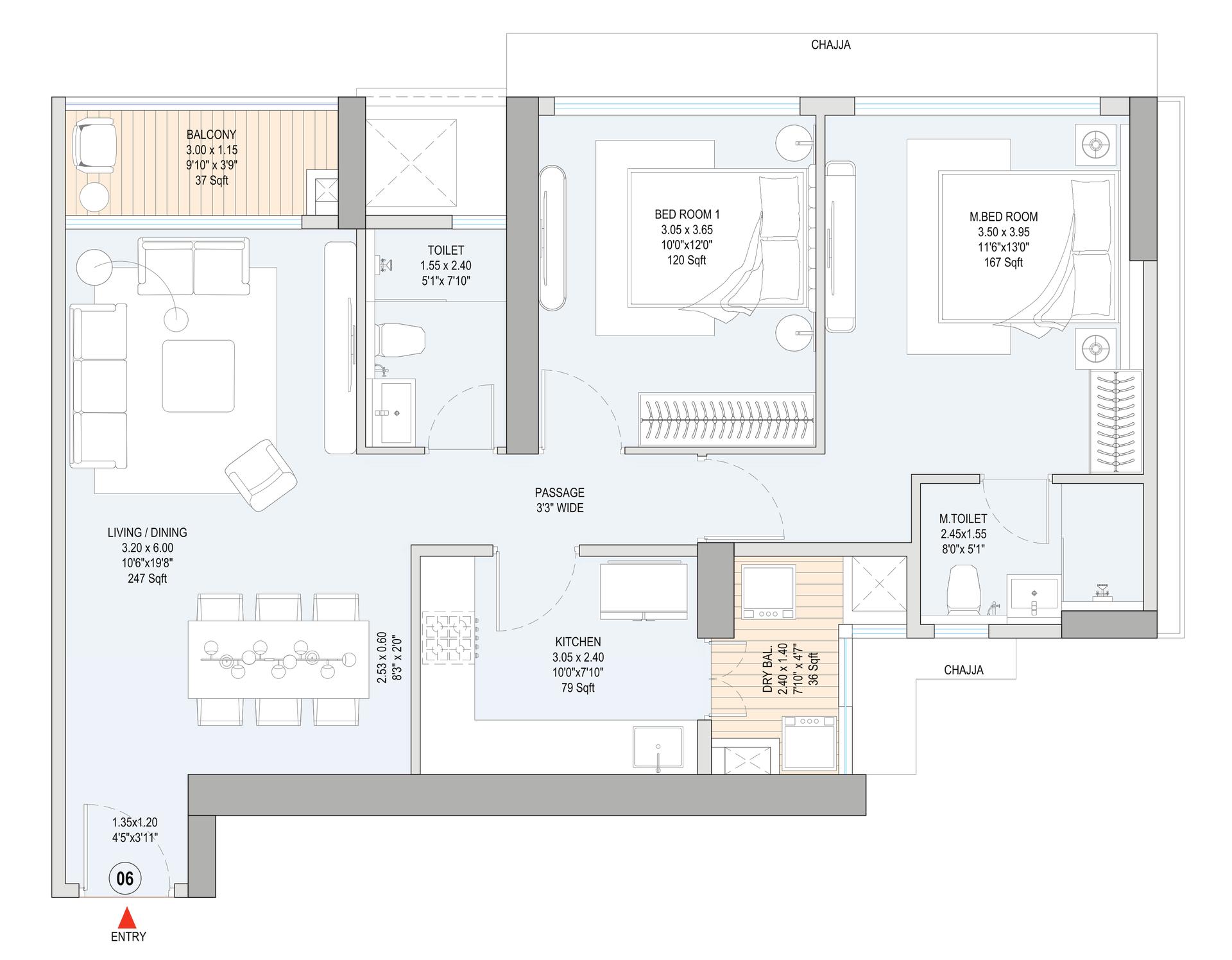 2 BHK T1 floor plan