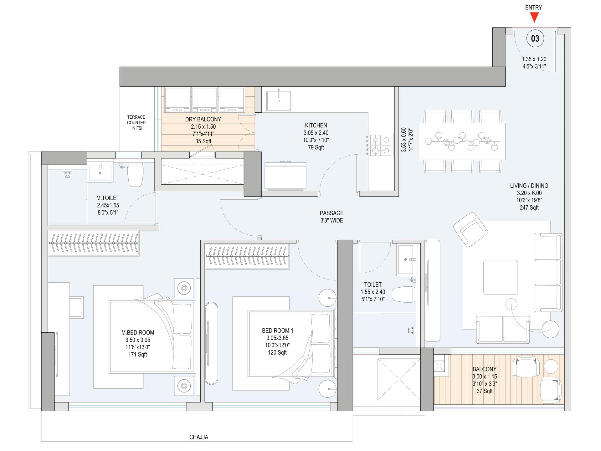 2 BHK T2 floor plan