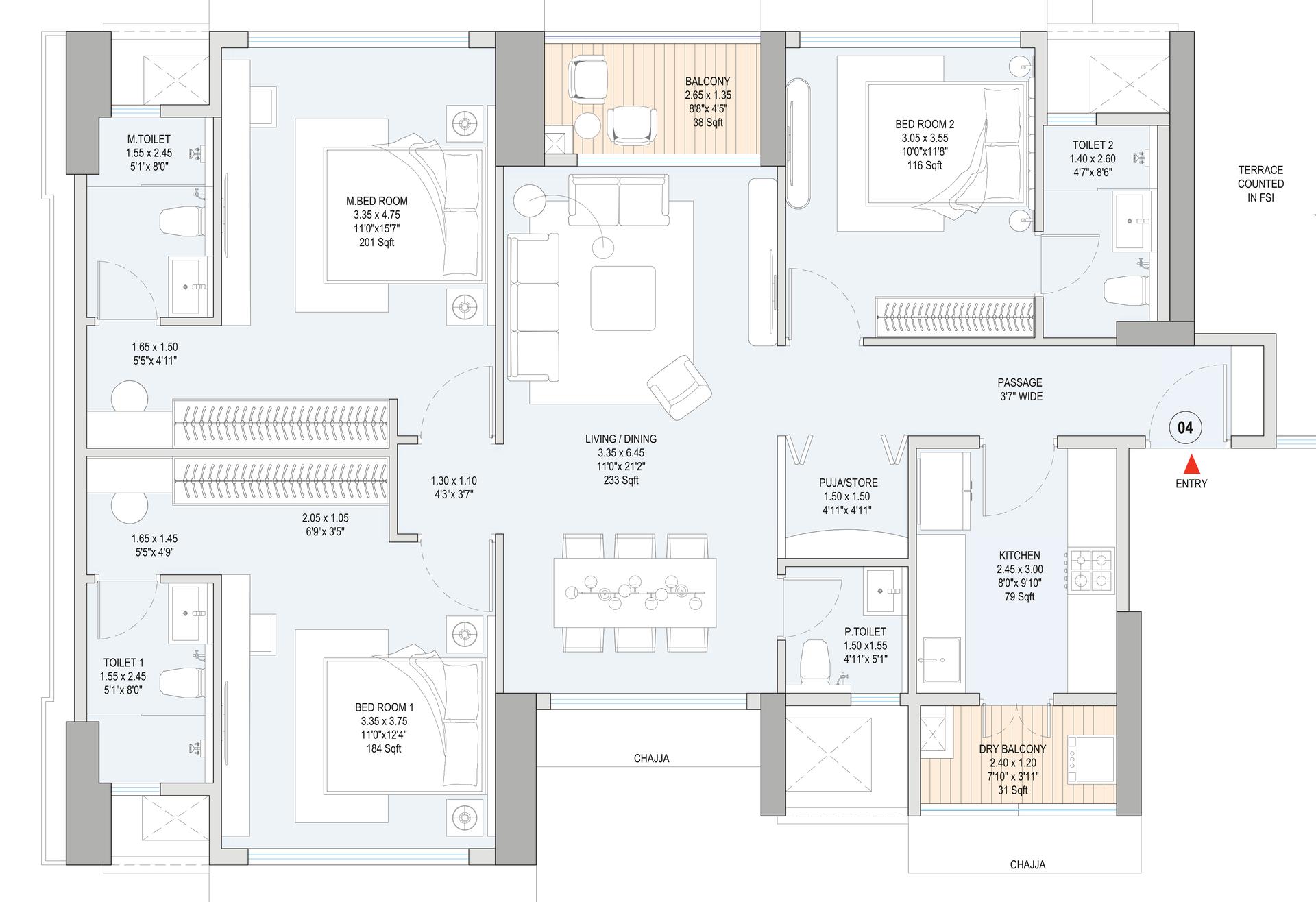 3 BHK T2 floor plan