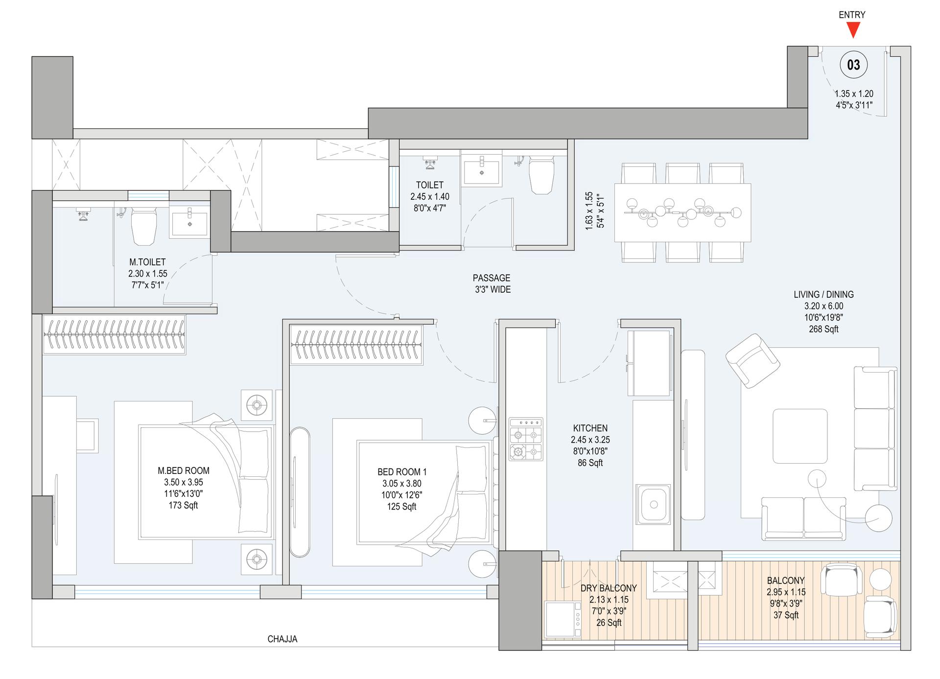 2 BHK T3 floor plan