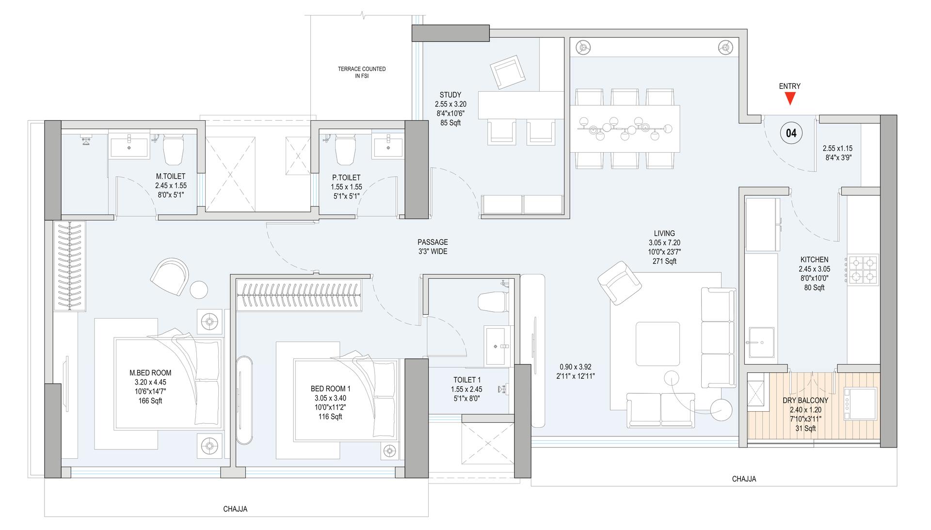 3 BHK T1 floor plan